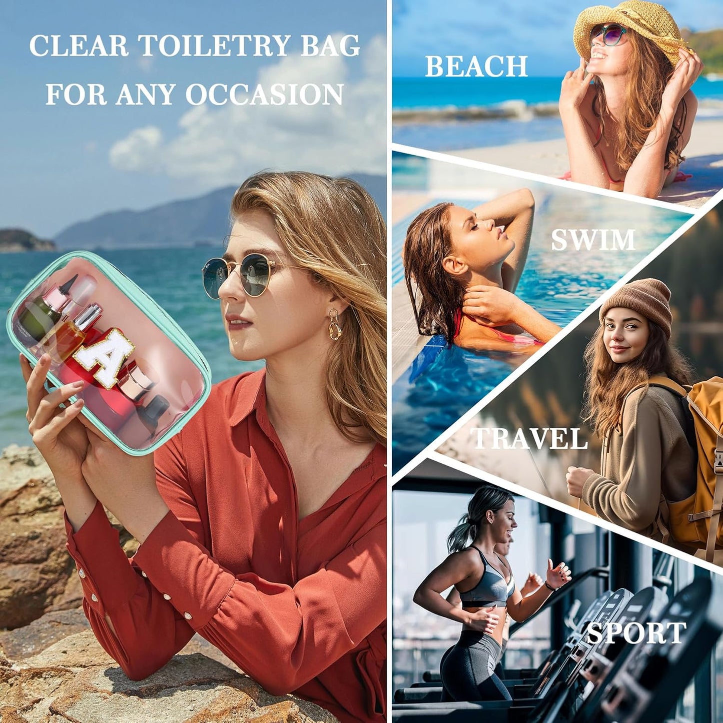 YOOLIFE Initial Clear Makeup Pouch, Clear Makeup Bag Cosmetic Travel Beach Toiletry Bag Travel Essentials Gifts for Women Teen Girlfriend Teacher Mom Birthday Gift for Women Teen Zipper Pouch Blue A