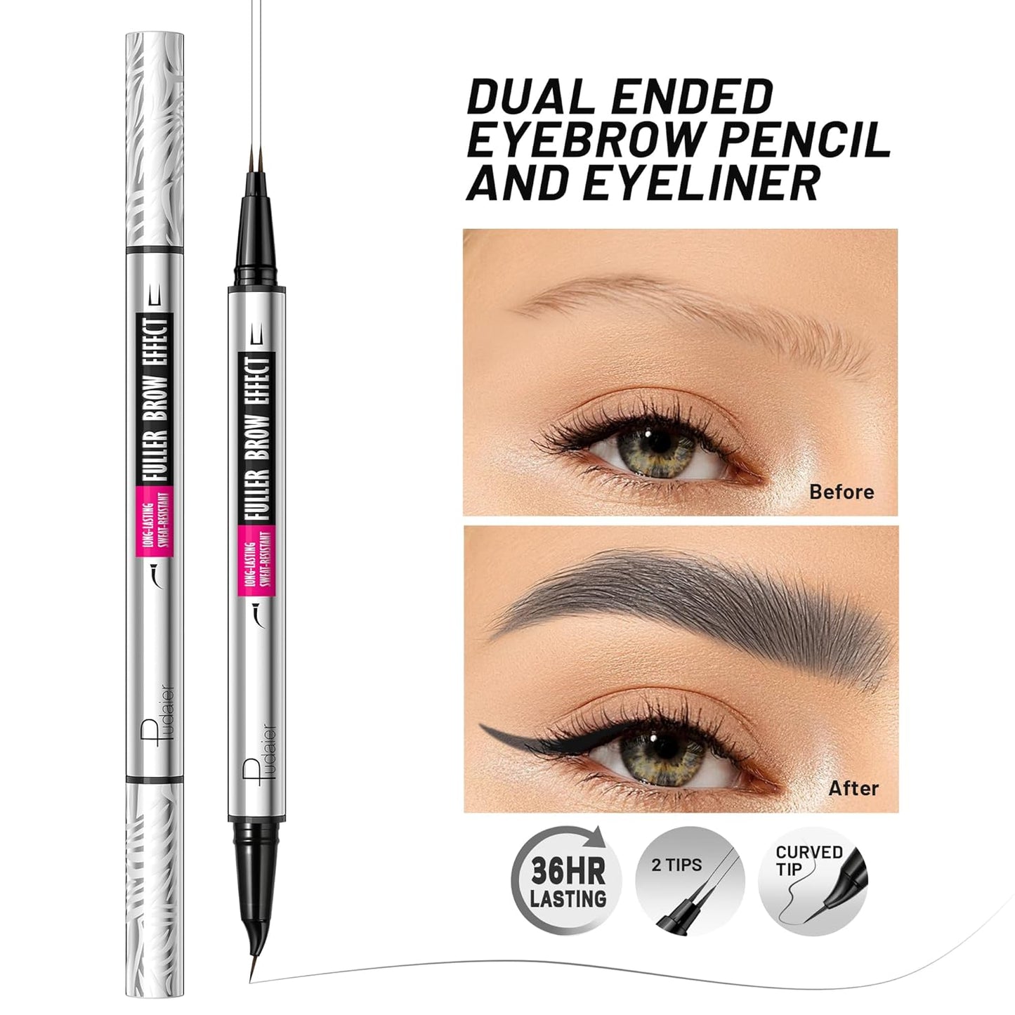 2 Pack 2 Fine Tip Eyebrow Pen, Waterproof Filling Faux Brow Makeup Pencils for Women with Precise Curved Brush-Tip to Fast Create Natural Hair-Like Brows, Last All-Day (Charcoal Grey)
