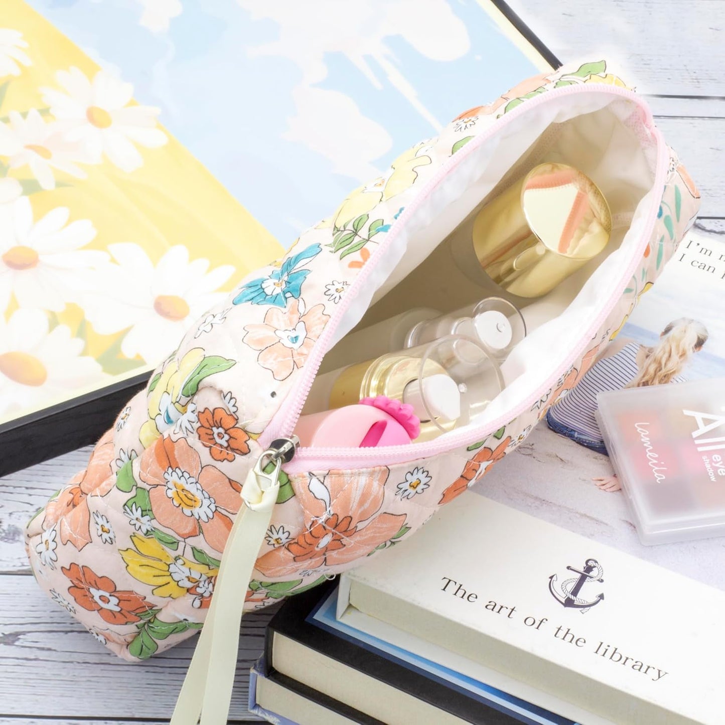 PAZIMIIK 3PCS Makeup Bag SET Large Travel Quilted Zipper Soft Cosmetic Case Pouch for Women Girls Make Up,Floral Orange