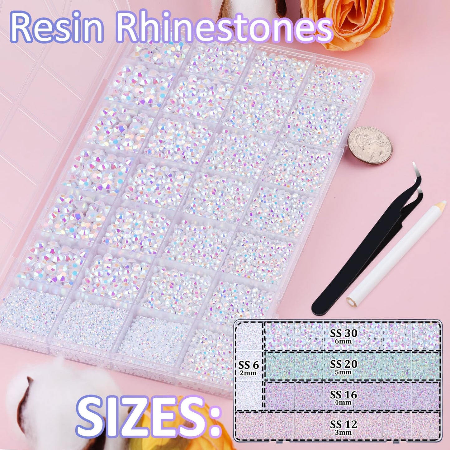 30000Pcs Resin Rhinestones for Bedazzling with Tweezers, White AB Rhinestones for Crafting with B7000 Jewelry Glue for DIY Crafts Clothing Tumblers Shoes Fabric Nail Art