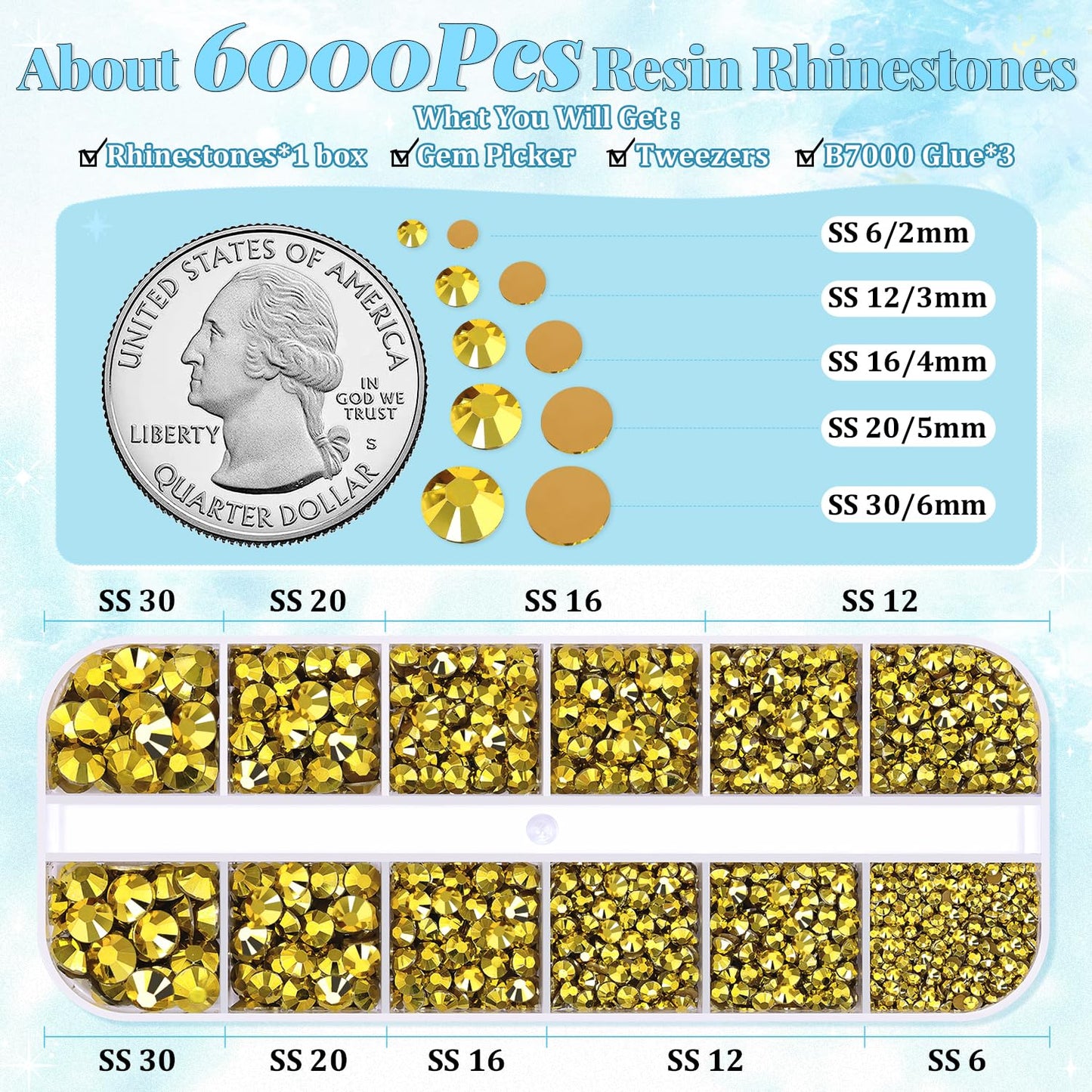 6000Pcs Resin Rhinestones for Bedazzling with 3Pcs B7000 Jewelry Glue, 1 Box Bright Gold Flatback Rhinestones for Crafting Crafts DIY, Crystals Gems for Clothing Shoes Tumblers Nail Art Makeup