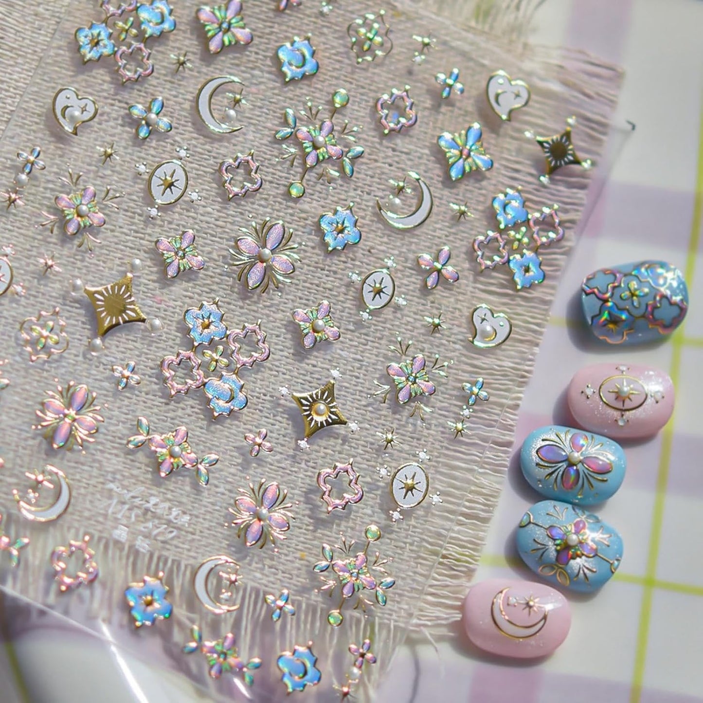 Gold Nail Art Stickers Floral Nail Decals Star Moon Nail Stickers 5D Embossed with Design Self Adhesive Nails Charms for Women Girls Kid Manicure DIY Decoration Accessories