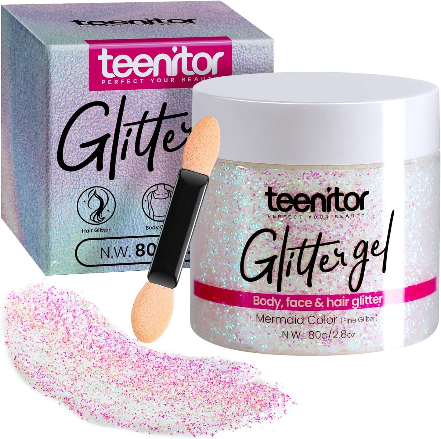 Teenitor Body Glitter, Face Glitter, Hair Glitter Gel, Holographic White Glitter for Face Body Makeup