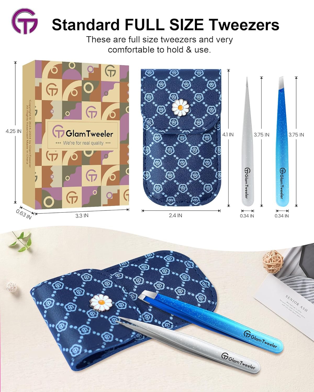 Expert Slant and Point Tip Tweezer Set with Exclusive Storage & Carrying Case, GlamTweeler Sharp & Precision Tweezer Set for Eyebrows, Facial Hairs & Fine Hairs Removal (Sparkle Royal Blue + Silver)