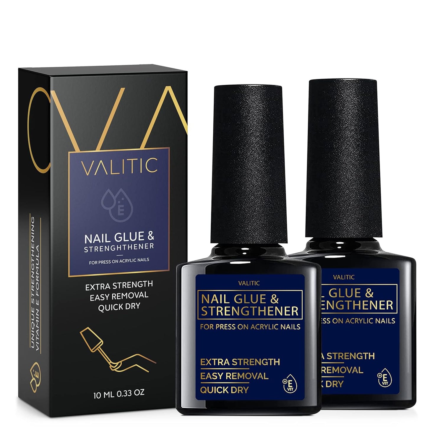 Valitic Strong Nail Glue and Strengthener for Acrylic and Press On Nails - Quick Dry Brush On Gel for Long Lasting Effect - Adhesive Nail Bond for False Nails with Tips Strengthener - 2 PACK