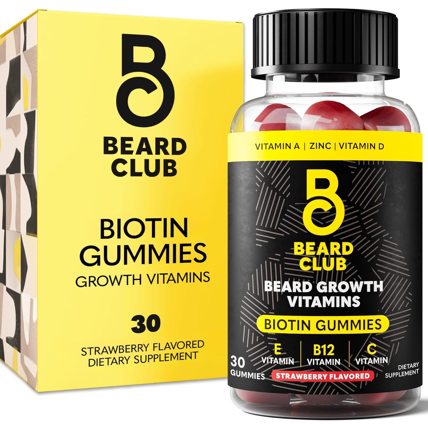 The Beard Club Biotin Beard Growth Vitamin Gummies - Hair Supplement for Men - Vitamins B12, E, & C to Support a Thicker Fuller Looking Facial Hair - Strawberry Gummy