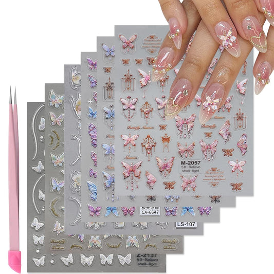 6 Sheets Butterfly Nail Art Stickers Decals 5D Embossed Nail Decals Spring Blue Pink Butterfly Nails Design Self-Adhesive Accessories 3D Nails Stickers for Women