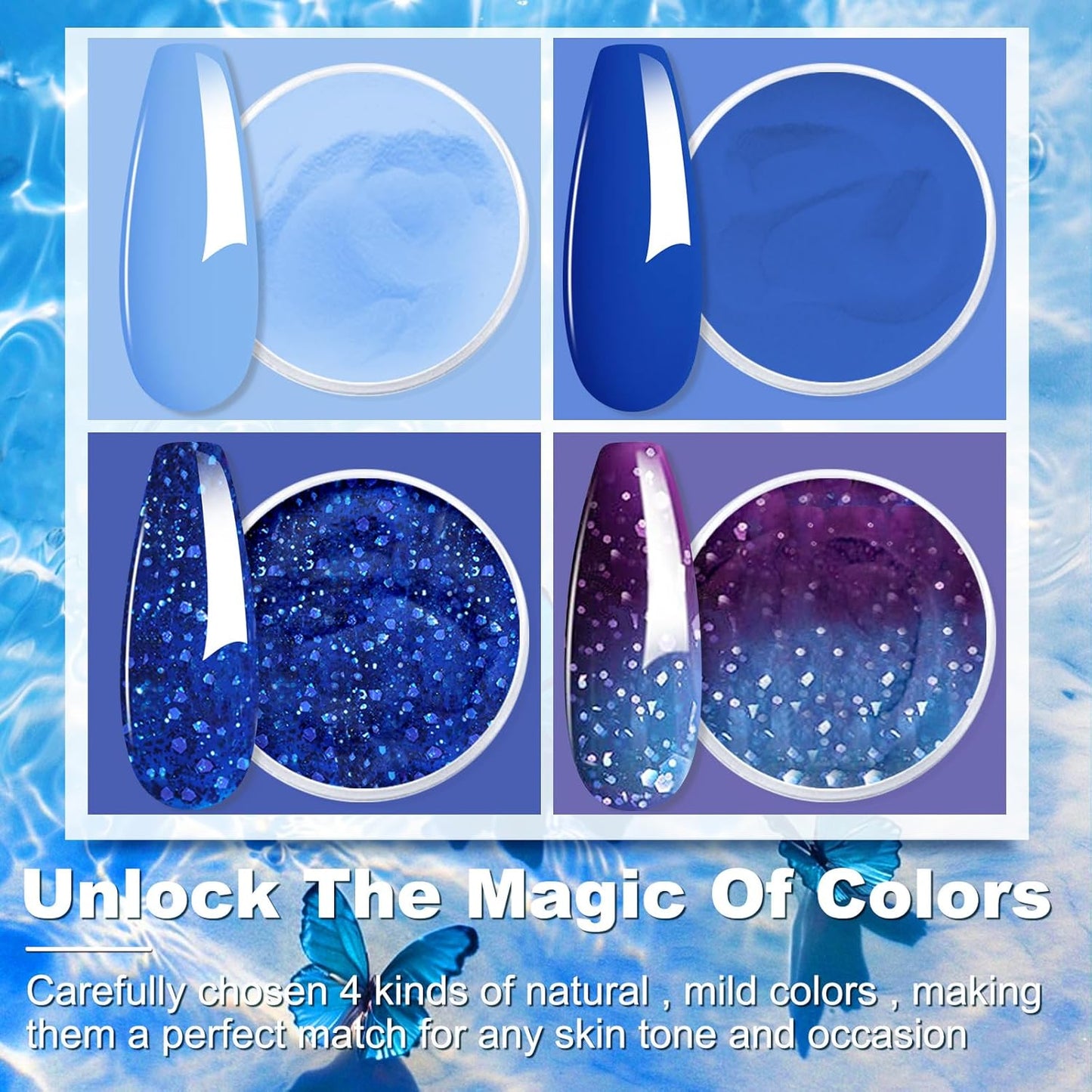 Honey Joy Dip Powder Nail Kit Starter,4 Colors Navy Blue Sky Blue Purple Glitter Dipping Powder Liquid Set with Base Top Coat for Nail Art Manicure Salon DIY No LED Nail Lamp Needed，Dip-7pcs-04