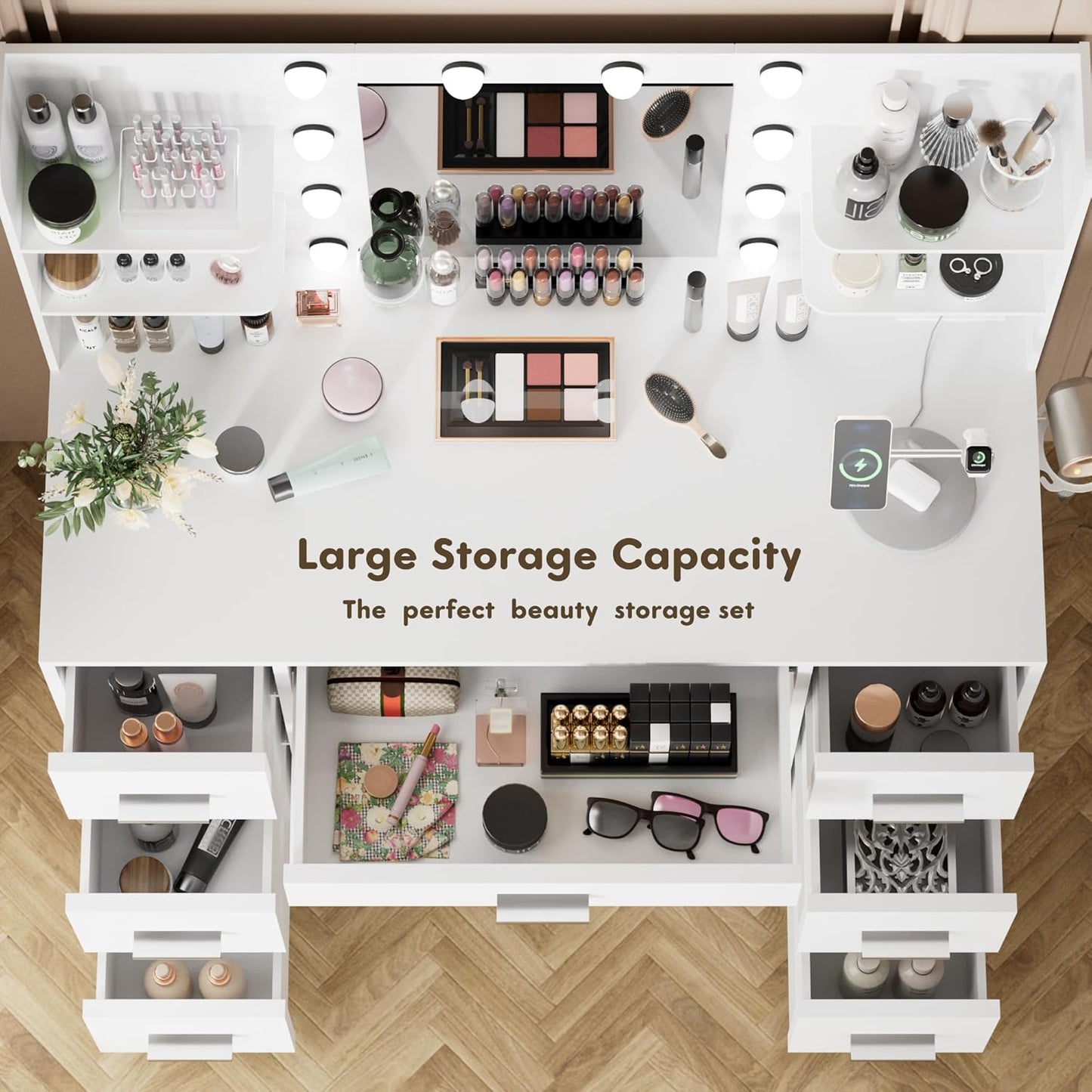 YESHOMY Vanity Desk with Mirror, Power Outlet and 10 Lights, Makeup Table with 7 Drawers, 3 Color Modes Available for Bedroom, Pure White