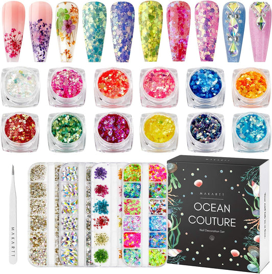 Makartt Nail Decoration Set, 4 Boxes Glitter Sequins & Rhinestones for Spring, Summer, Nail Art, DIY Nail Decoration Accessories Kit