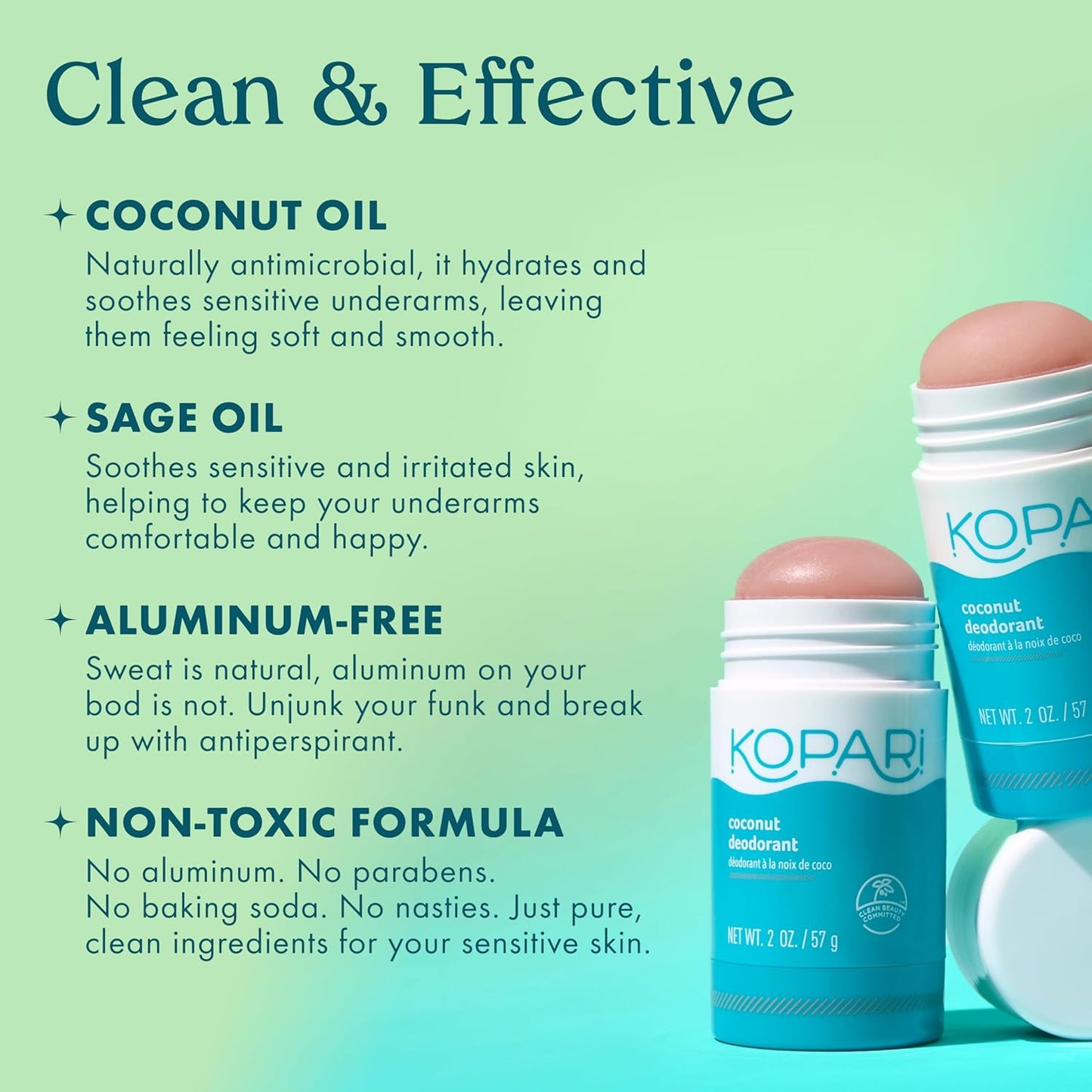 Kopari Aluminum Free Coconut Deodorant, Non Toxic & Clean Plant-Based, No Parabens or Baking Soda, Long Lasting Protection, Original & Charcoal 2 Pack