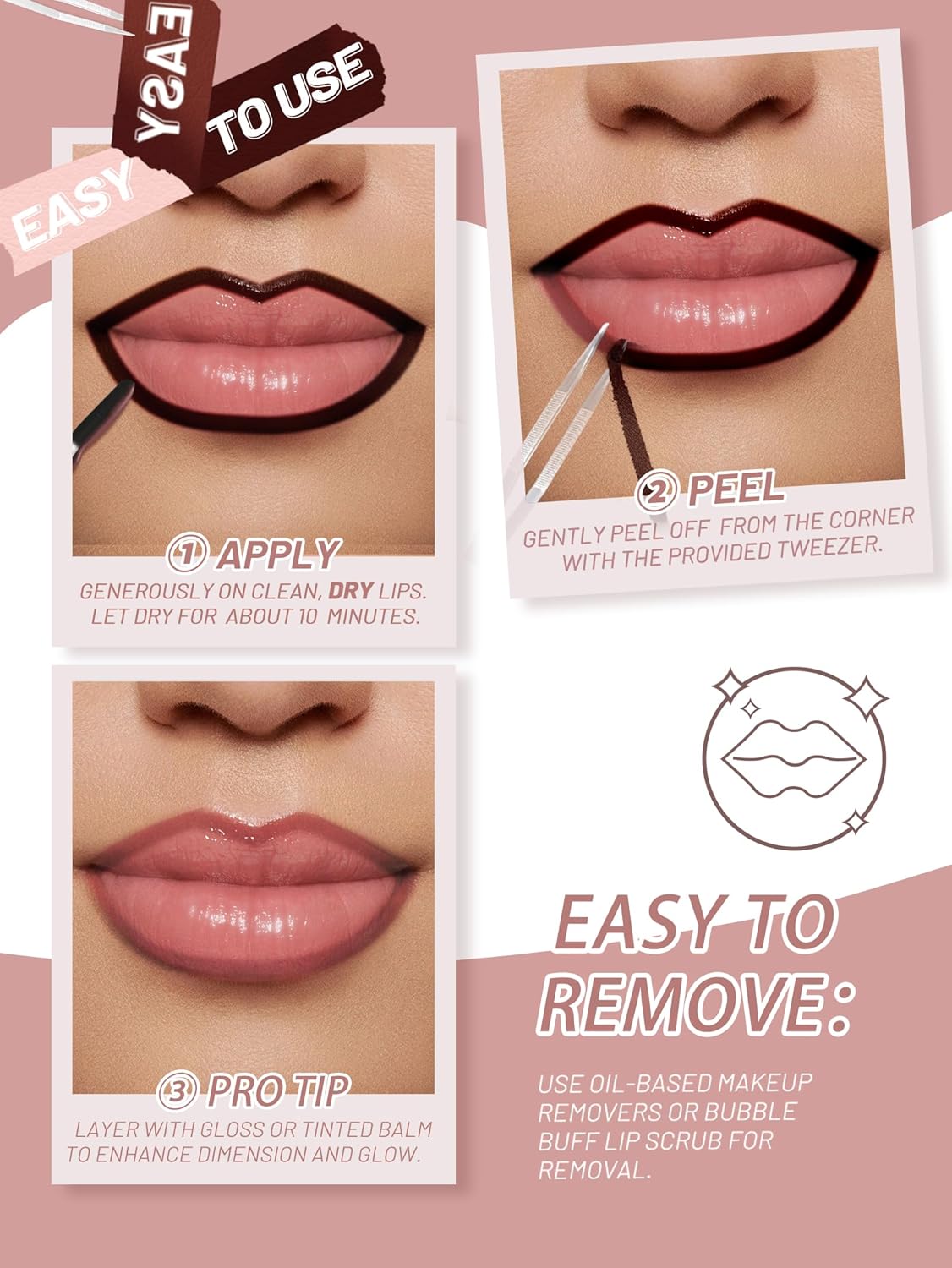 Lip Stain Peel Off Lip Liner Stain with Tweezer, Long Lasting Matte Lip Tint Tattoo, Highly Pigmented Color Lip Makeup, Waterproof Lipstick, Transfer-proof Lipstain for Women, Neutral Mauve