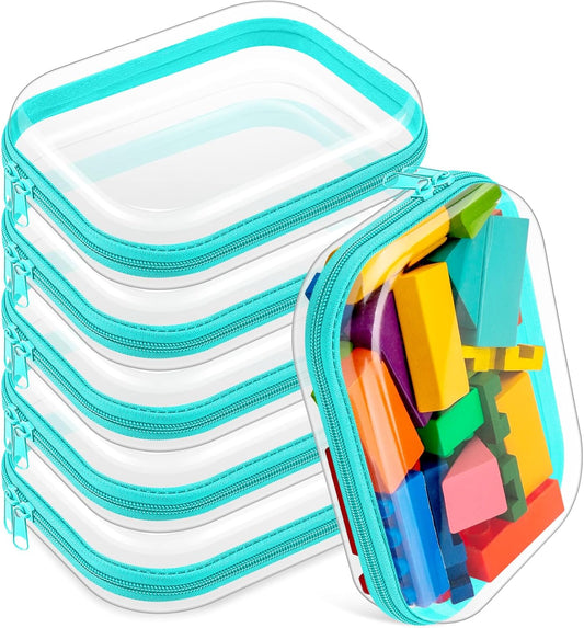 Sanwuta 6 Pcs Clear Hard Zipper Case Pencil Pouches Hard Plastic Zipper Pouches Makeup Bag Transparent Cases for Snacks Plastic Storage Organizer Box for Travel(Teal,7.87 x 5.9 x 2 Inch)
