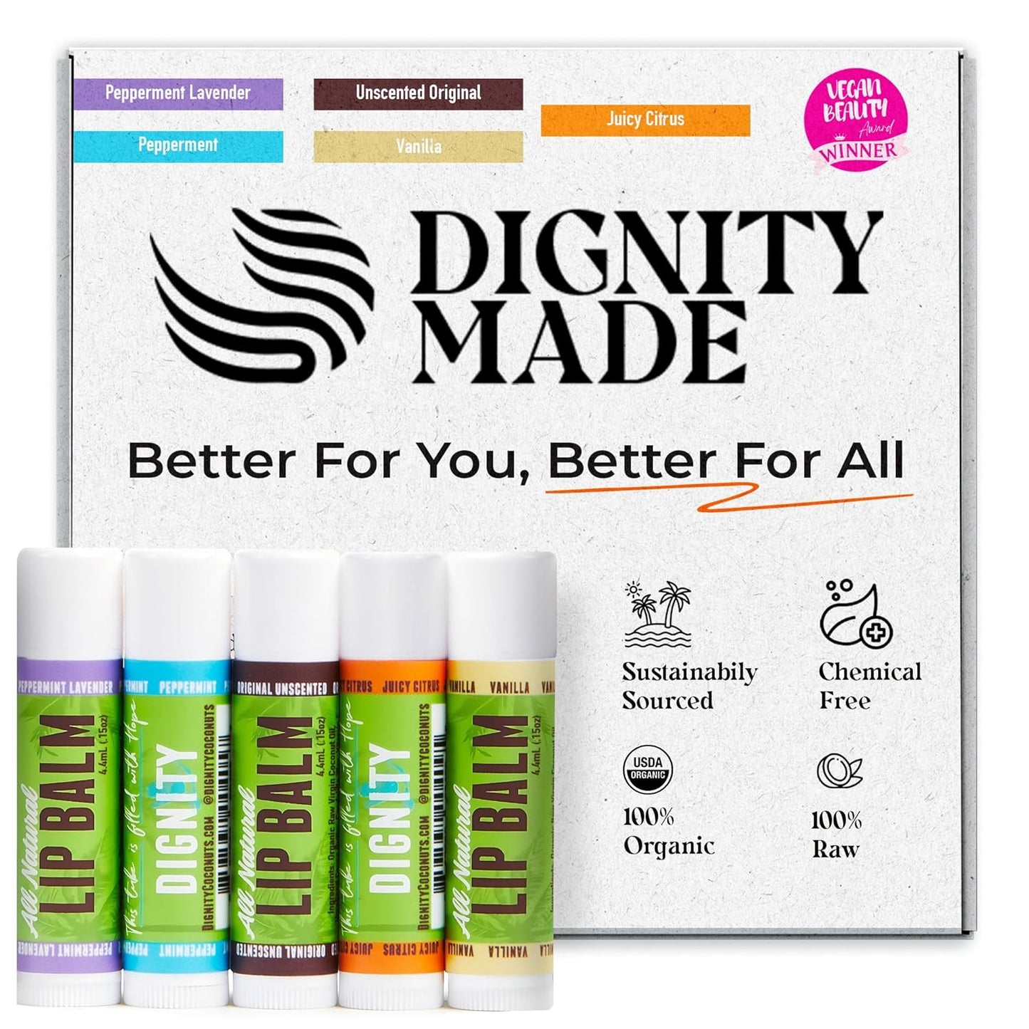 Moisturizing Lip Balm – Soothing & Fragrance-Free, Pack of 5 - Vegan w/Nourishing Coconut Oil, Cocoa Butter & Essential Oils – 4.4ml (0.15oz) Each – Lip Care Set