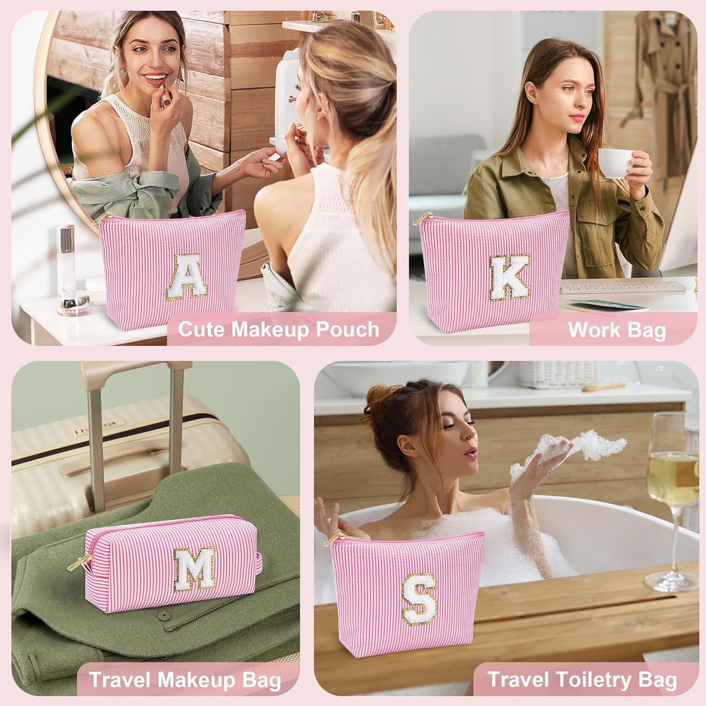 YOOLIFE Personalized Initial Makeup Bag for Women | Pink Cosmetic Travel Toiletry Bag | 11 12 13 14 15 16 Years Old Girl Gifts | Preppy Stuff Teen Girl Gift Trendy Stuff A