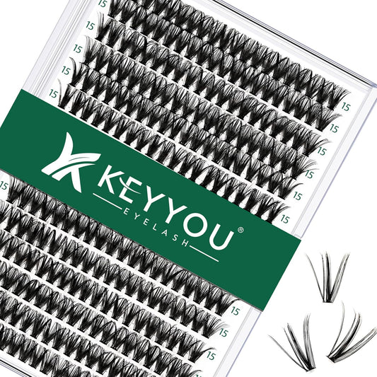 Lash Clusters 300pcs Individual Lashes 40D 0.07D Curl 15mm DIY Eyelash Extension KEYYOU Large Tray Volume Soft&Natural Cluster Lashes(40D-0.07D,15）