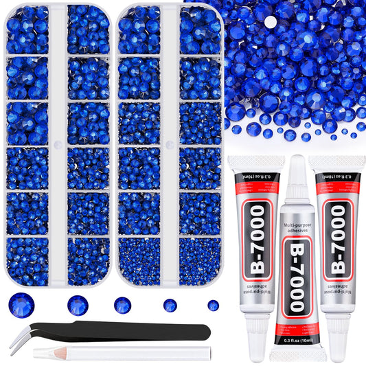 Resin Rhinestones for Crafting with B7000 Jewelry Glue, 2 Boxes Blue Rhinestones Flatback Crystals with 3Pcs 10ml Glue for Bedazzling Crafts DIY Nail Art Makeup, Gems for Clothing Shoes