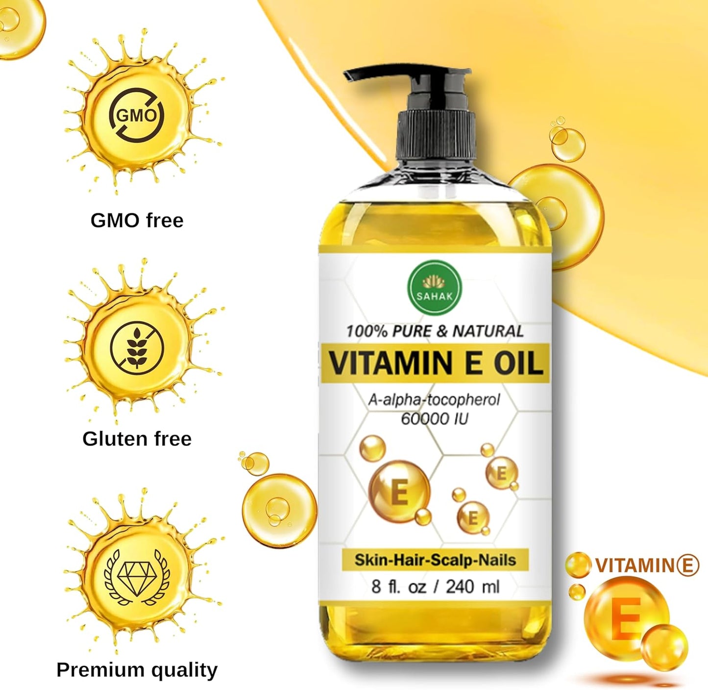 Vitamin E Oil 60,000 IU – Organic & Pure E-Oil Blend for Skin, Hair & Nails | Natural Body Oil with Vitamin E for Stretch Marks, Scars & Face Moisturizing – 100% Liquid Vitamin E Skin Care