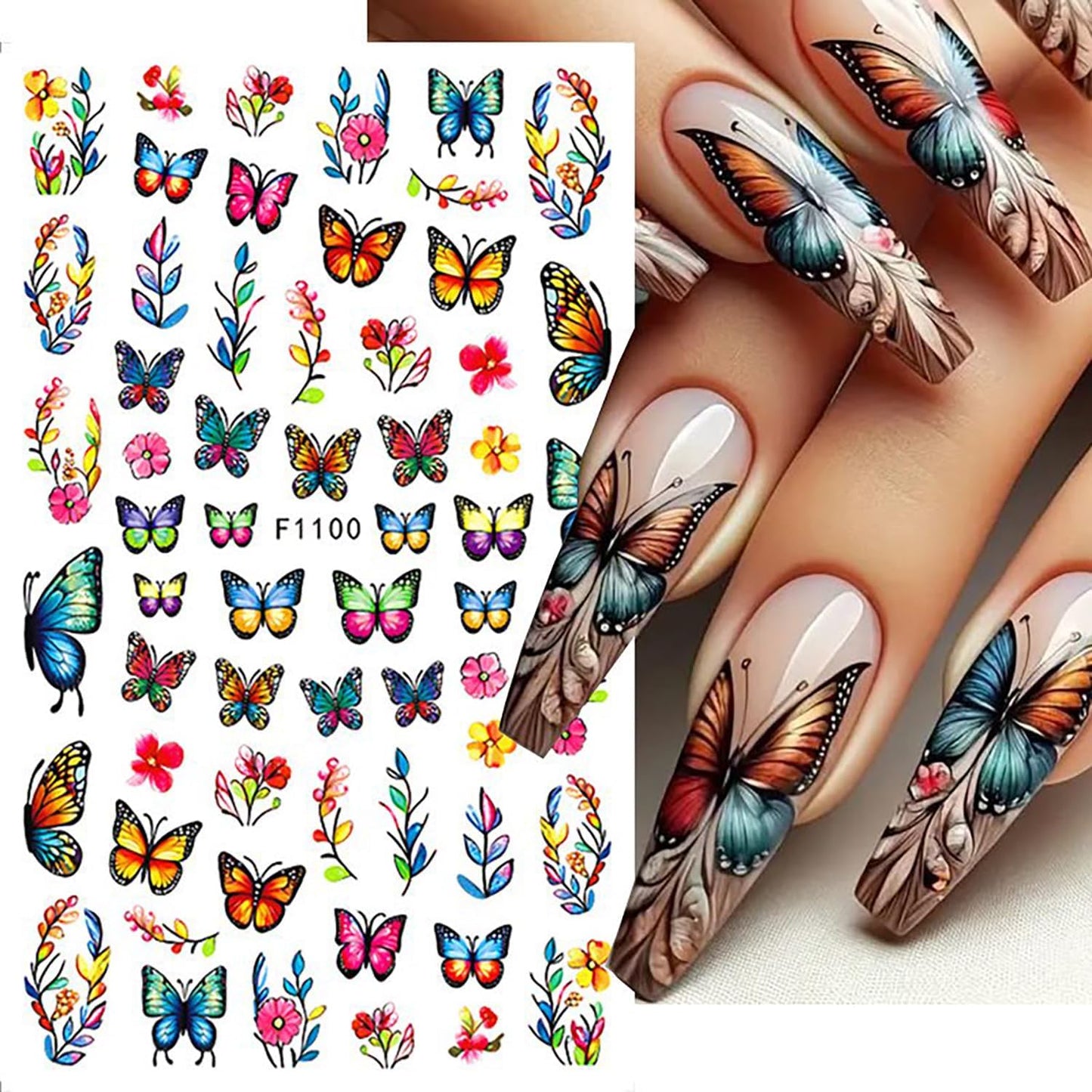 8 Sheets Butterfly Flower Nail Art Stickers 3D Self-Adhesive Spring Summer Nail Sticker Flower Nail Art Decals Holographic Blossom Nail Decal Decoration for Women Colorful Butterfly Manicure Supplies
