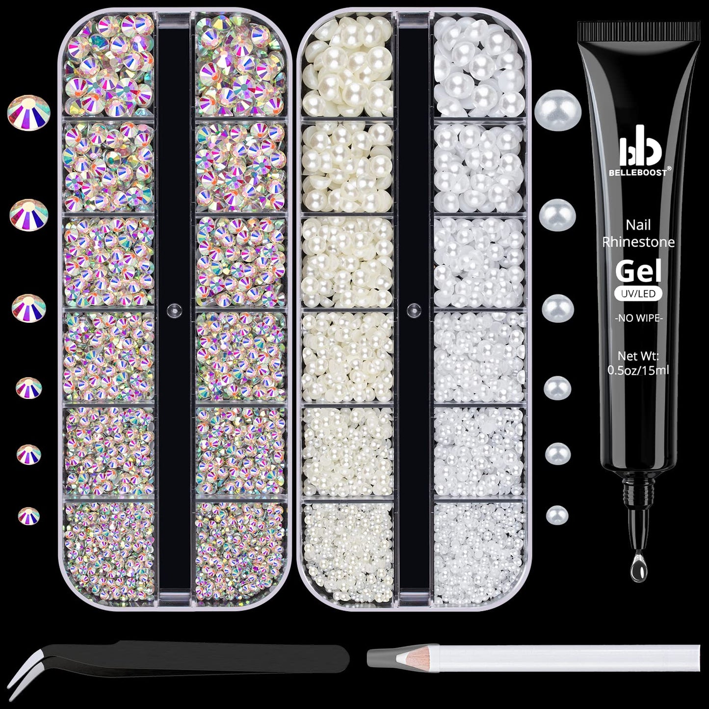 Nail Art Rhinestone Glue Gel&2 Boxes Flatback Gems Kit, 1 Tube of 15ml Rhinestone Gel Glue(UV/LED Needed)+Round AB Gems+Flat-Back Half Round White&Beige Pearls with Pickup Tools