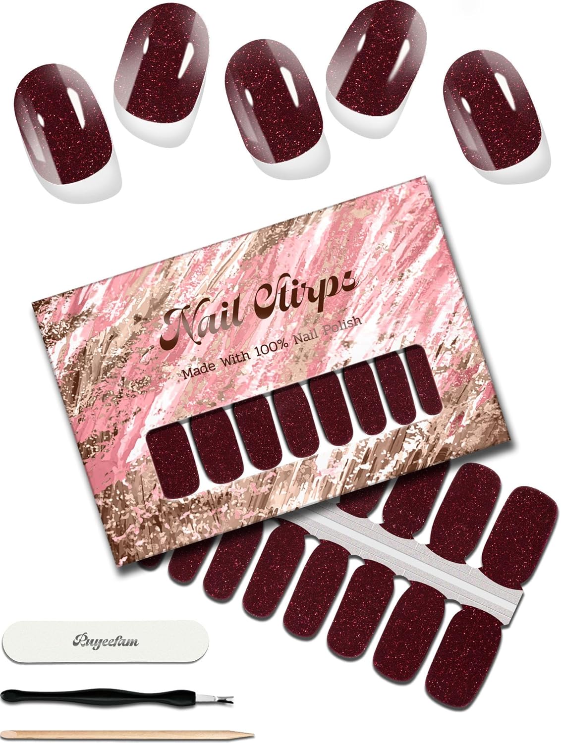 Glitter Nail Polish Strips, 32 Pcs Salon Quality Gel Nail Stickers, Long Lasting Wraps Easy to Use & Remove (Mature Maroon)
