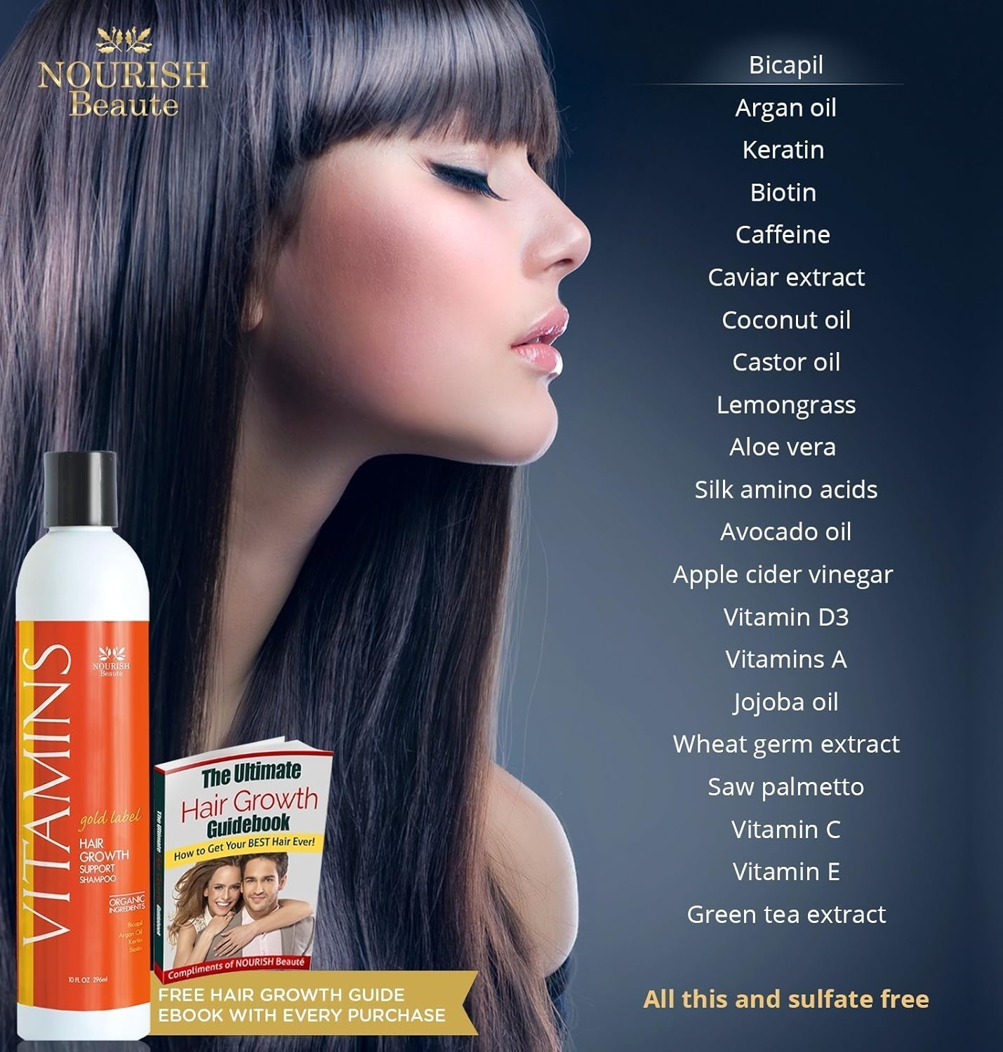 Nourish Beaute Vitamins Natural Shampoo for Hair Growth and Hair Loss for Hair Regrowth,Volume and Thickening with Biotin,DHT Blockers, No Sulfate, For Men and Women, Premium Gold Label, 3 Pk