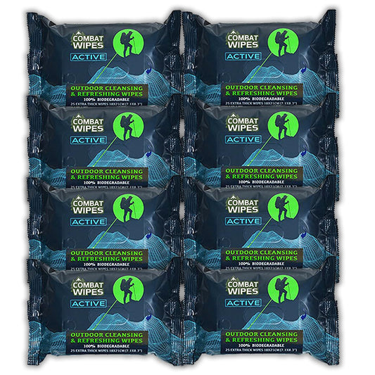 Combat Wipes ACTIVE Outdoor Wet Wipes - Extra Thick Camping Gear, Biodegradable, Body & Hand Cleansing/Refreshing Cloths for Backpacking & Gym w/Natural Aloe & Vitamin E (8 pack, 200 Wipes)…