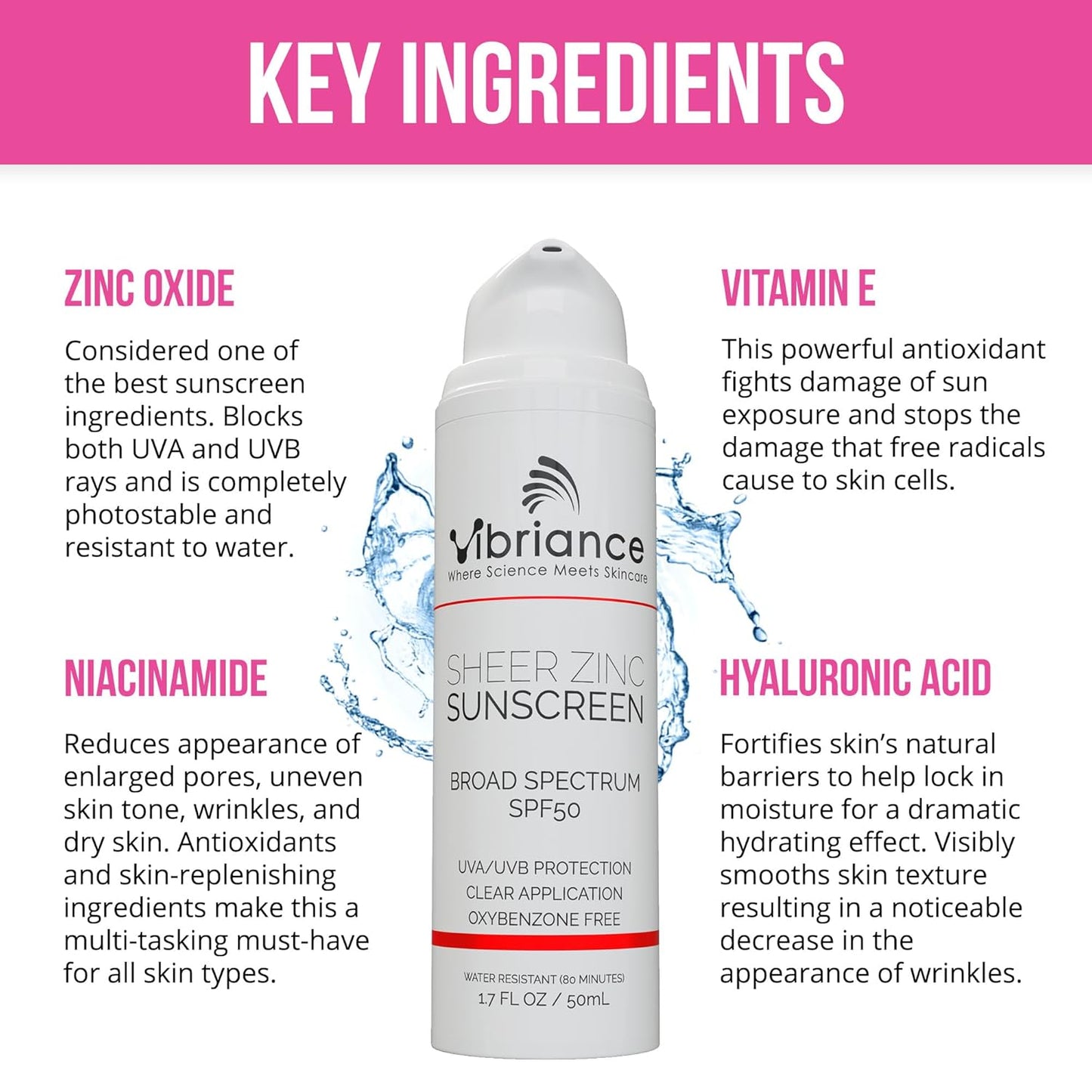 Vibriance Sheer Zinc Sunscreen - Tinted Sunscreen for Face SPF 50, Lightweight Facial Moisturizer with Niacinamide, Hyaluronic Acid - 1.7 fl oz
