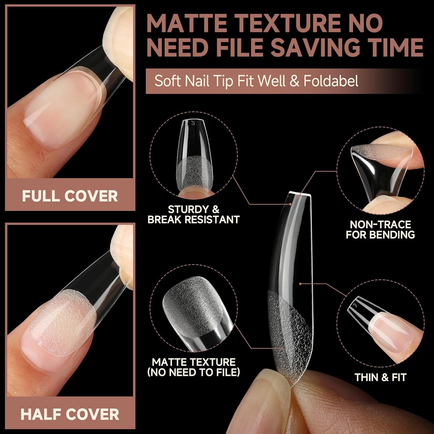 UNA GELLA Medium Coffin Nails Tips 504pcs - Gel Nail Tips Coffin Acrylic Full Cover Pre-buff Soft Gel Nail Tips Half Matte For Nail Extension Home DIY Salon 12 Sizes