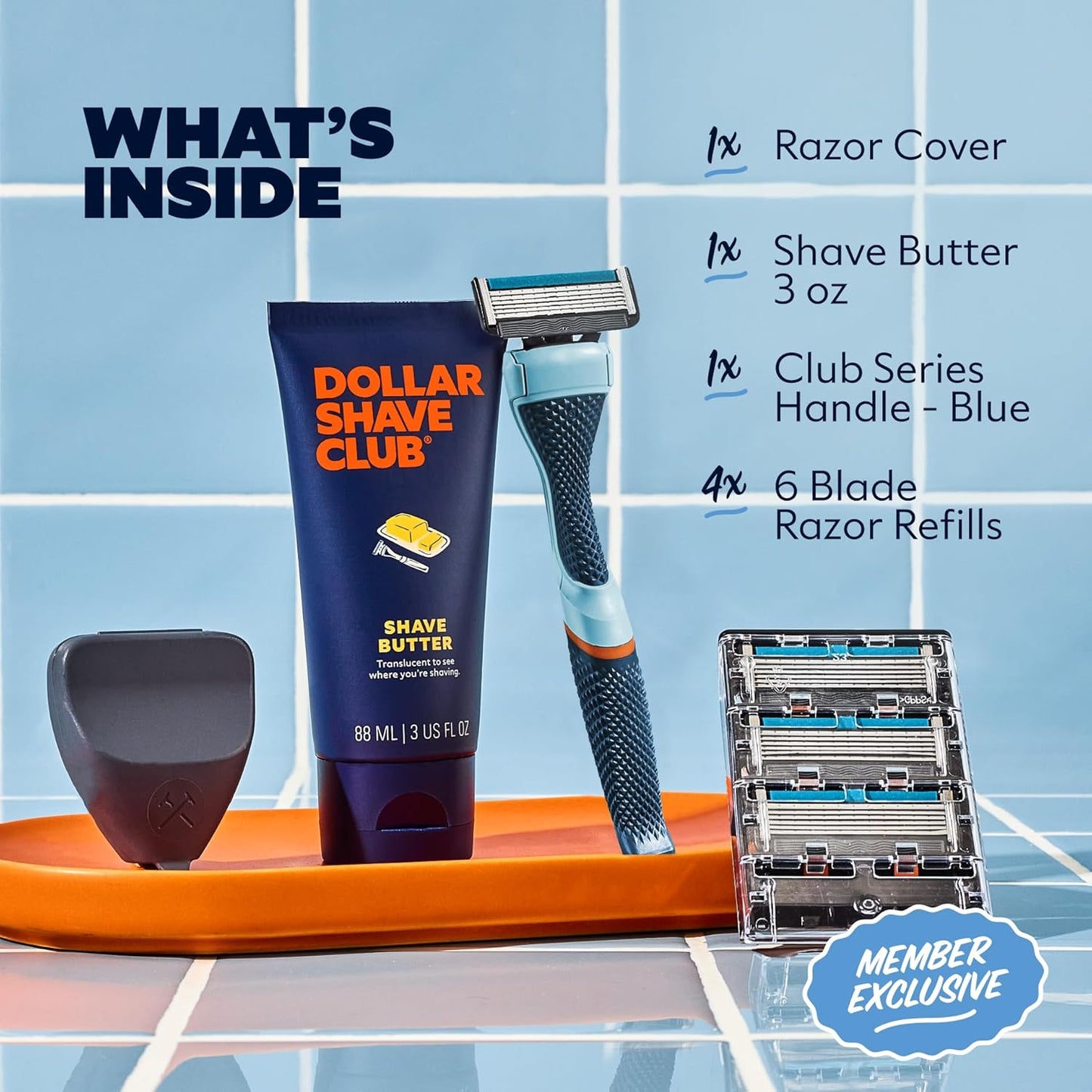 Dollar Shave Club | The Member Exclusive Shave Set | 4 Extra Close Refill Cartridges, 1 Handle (Blue), 1 Shave Butter 3 ounce, 1 Razor Cover, Razors for Men