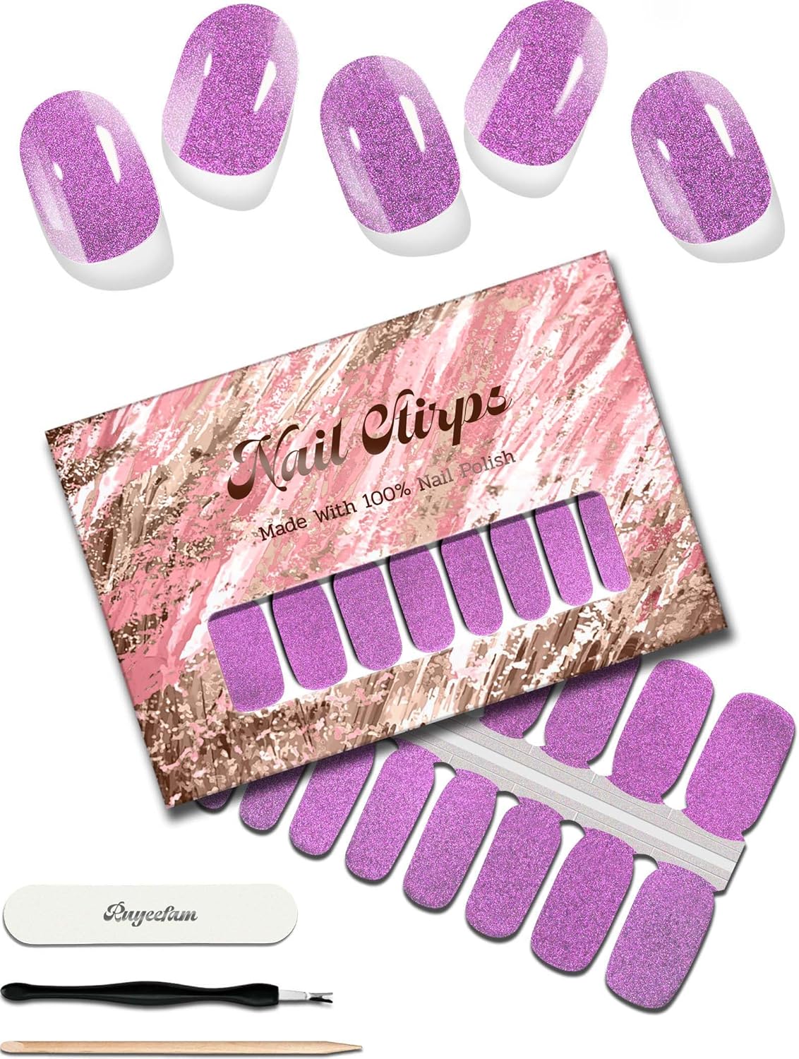 Glitter Nail Polish Strips, 32 Pcs Salon Quality Gel Nail Stickers, Long Lasting Wraps Easy to Use & Remove (Gradient Pink Violet)