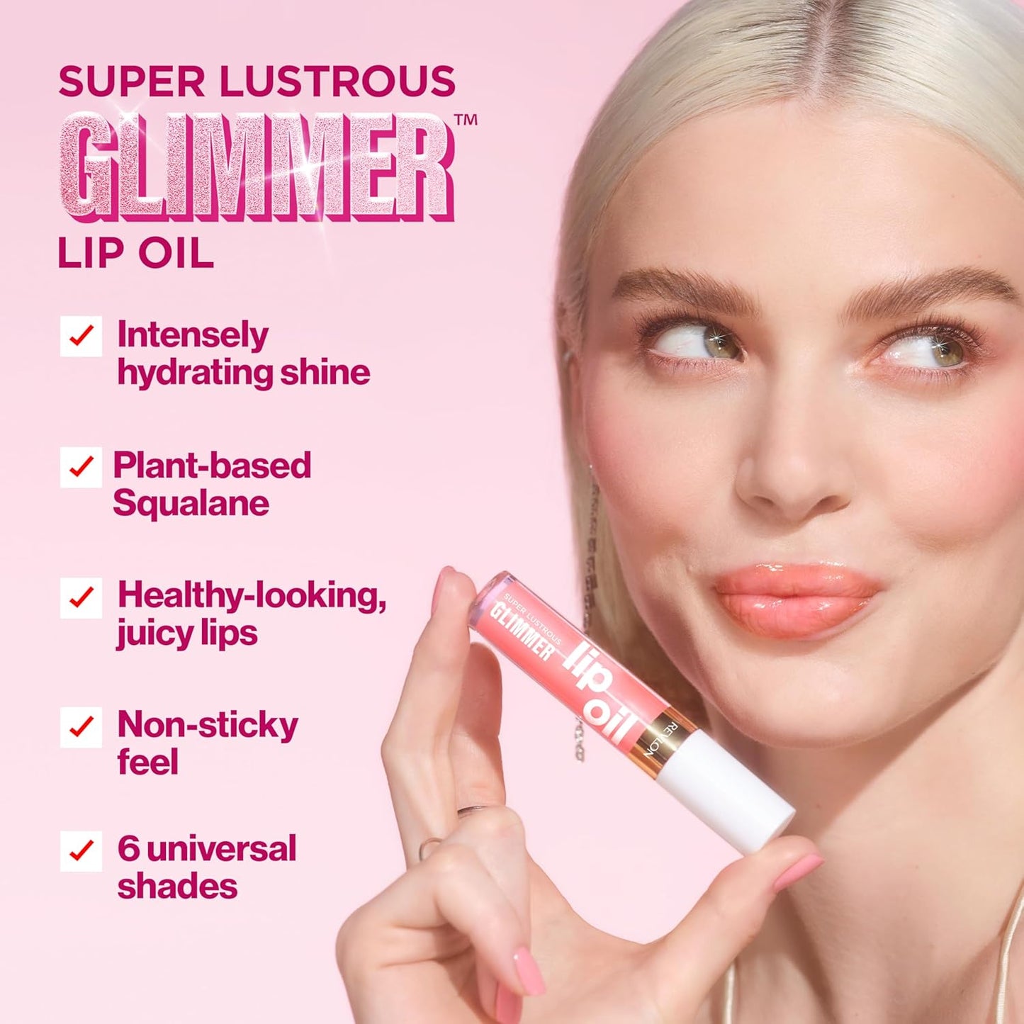 REVLON Super Lustrous Glimmer Lip Oil, Moisturizing & Tinted, Shiny Finish, Made with Plant-Based Squalane, 002 Miss Coral, 0.13 fl oz