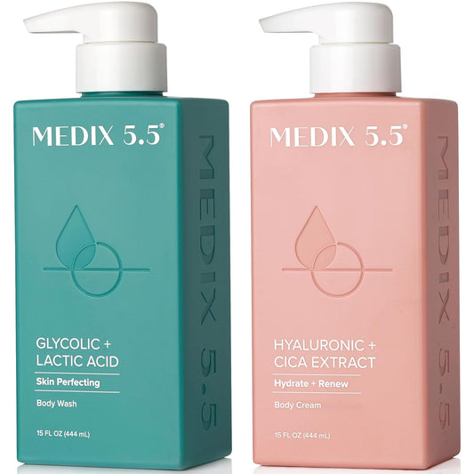 Medix 5.5 Exfoliating AHA Glycolic Acid Face & Body Wash Cleanser + Hyaluronic Acid Moisturizing Body Cream Lotion Skin Care 2PC Set | Alpha Hydroxy Acid & Lactic Acid Foaming Face Wash
