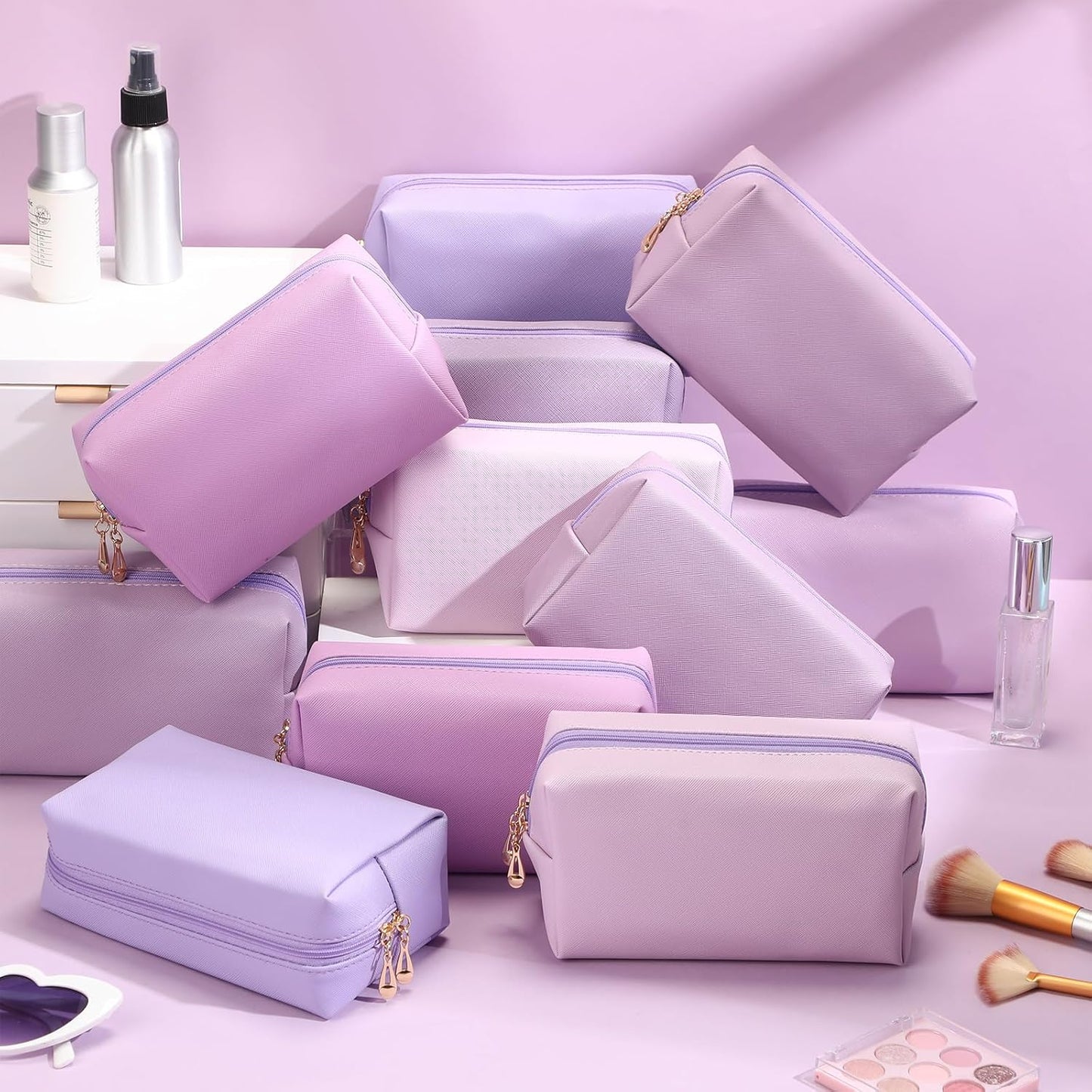 Kigeli 15 Pcs Aesthetic Makeup Bags PU Leather Cosmetic Pouches Waterproof Plain Toiletry Bags Makeup Pouches Bulk for Women Party Gift Travel Storage Organizer(Purple Series)