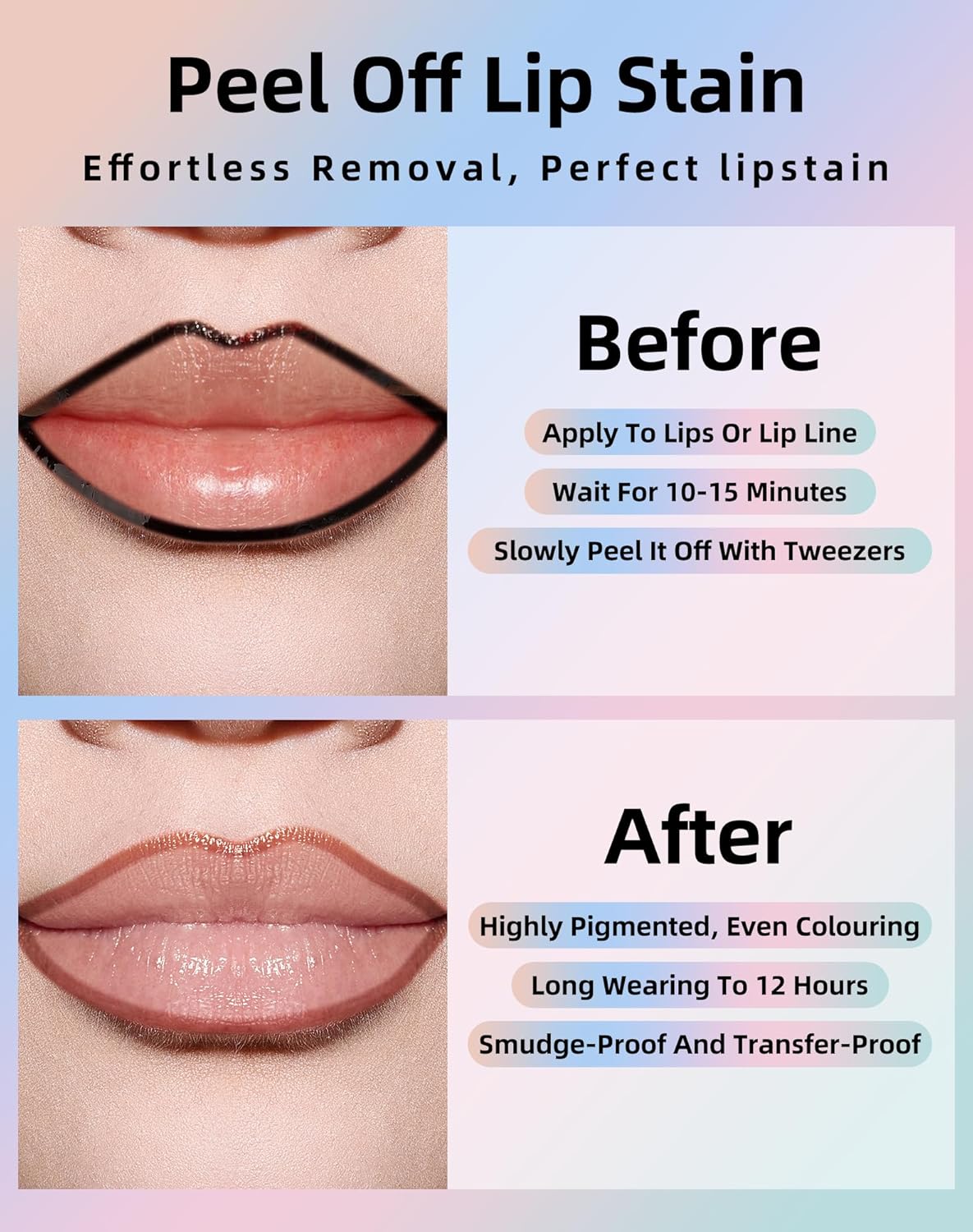 KIMUSE Lip Stain Peel Off, Peel Off Lip Liner Stain with Tweezer, Long Lasting, Waterproof, Transfer Proof Lipstains Color, Smudge-Free, Easy Removal, Matte Finish