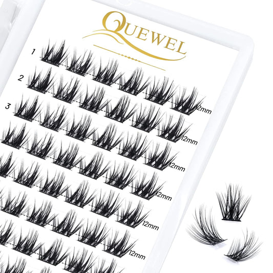 QUEWEL Cluster Lashes 72 Pcs Wide Stem Individual Lashes C/D Curl 8-16mm Length DIY Eyelash Extension False Eyelashes Soft for Personal Makeup Use at Home (Fluffy02-D-12)