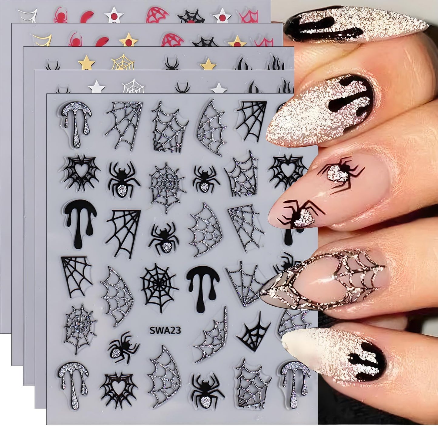 Halloween Nail Art Stickers, Glitter Spider Web Nail Art Decals 3D Self-Adhesive Black Gold Silver Heart Star Moon Nail Design 5Pcs Halloween Nail Art Supplies for Women Nail Decoration