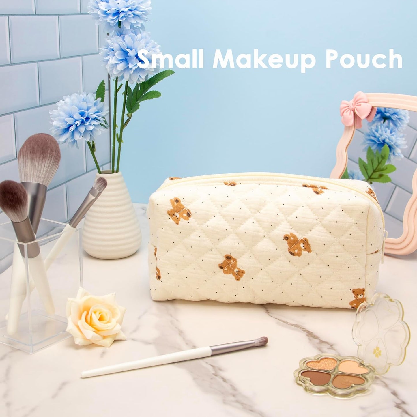 PAZIMIIK 6PCS Vintage Quilted Makeup Bag SET Cosmetic Pouch for Brushes Pencils and Travel Make Up Accessories for Women and Girls Bear Beige