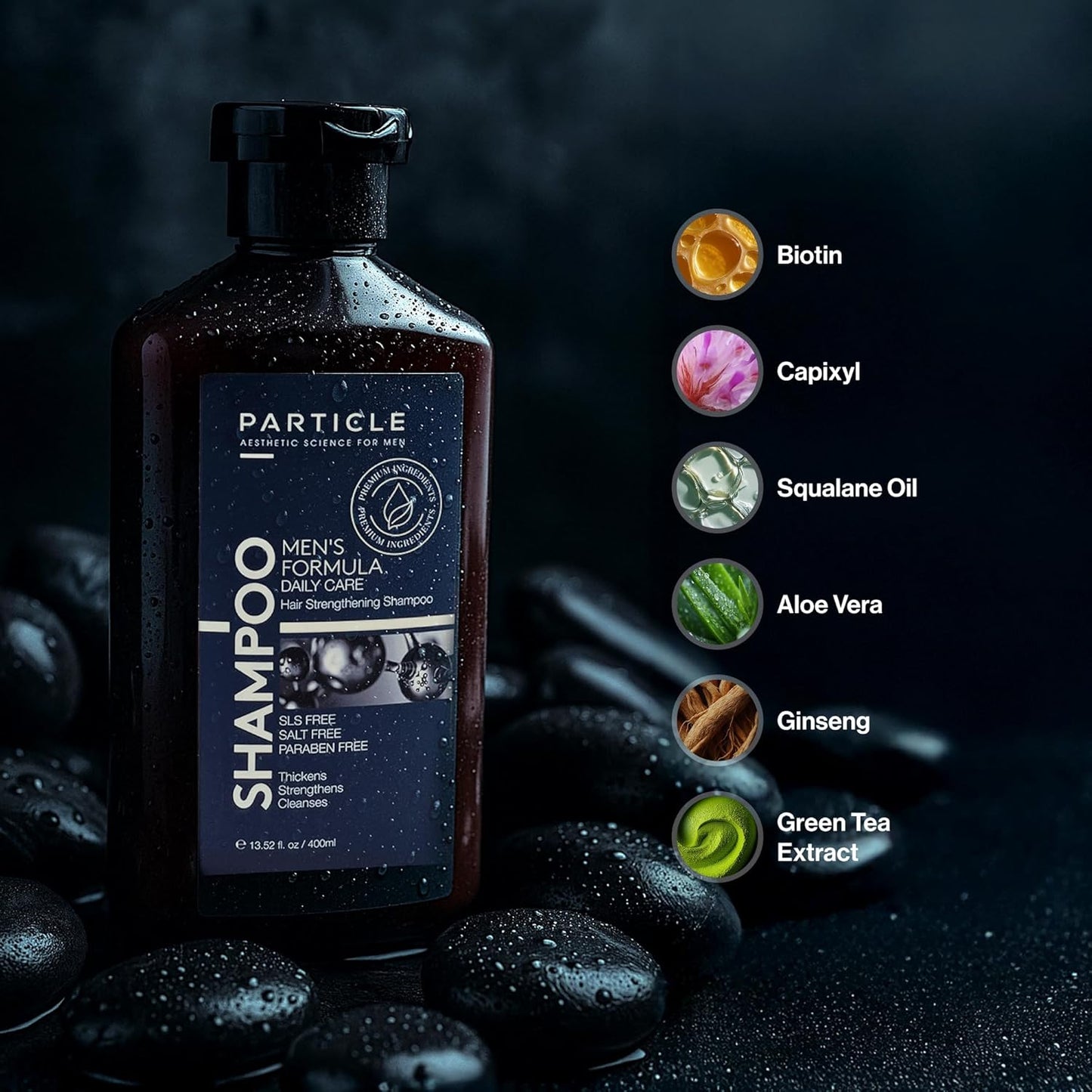 Particle Hair Thickening Shampoo for Men, Men’s Shampoo, Cleansing Formula Made with Biotin, Capixyl, Redensyl, Ginseng and Green Tea Extract for Hair Strength Support, Paraben Free, 400 mL