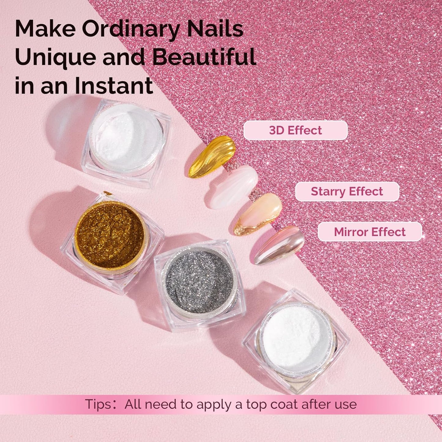 MelodySusie 4Pcs Chrome Nail Powder for Gel Nails, Aurora Fine Glitter Powder Mirror Effect Pigment Pearlescent Mermaid Pigment Pearl Glitter for Home DIY Salon Use