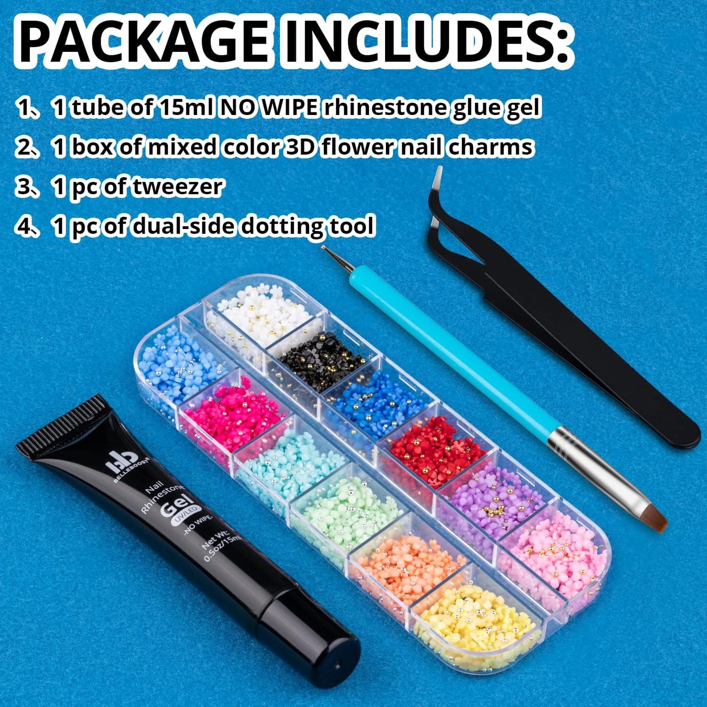 Nail Art Rhinestone Glue Gel&Flatback Gems Accessories Kit, 1 Tube of 15ml Rhinestone Gel Glue(UV/LED Needed)+1 Box of Colorful 3D Flowers with Dual end Brush Tool and Tweezer