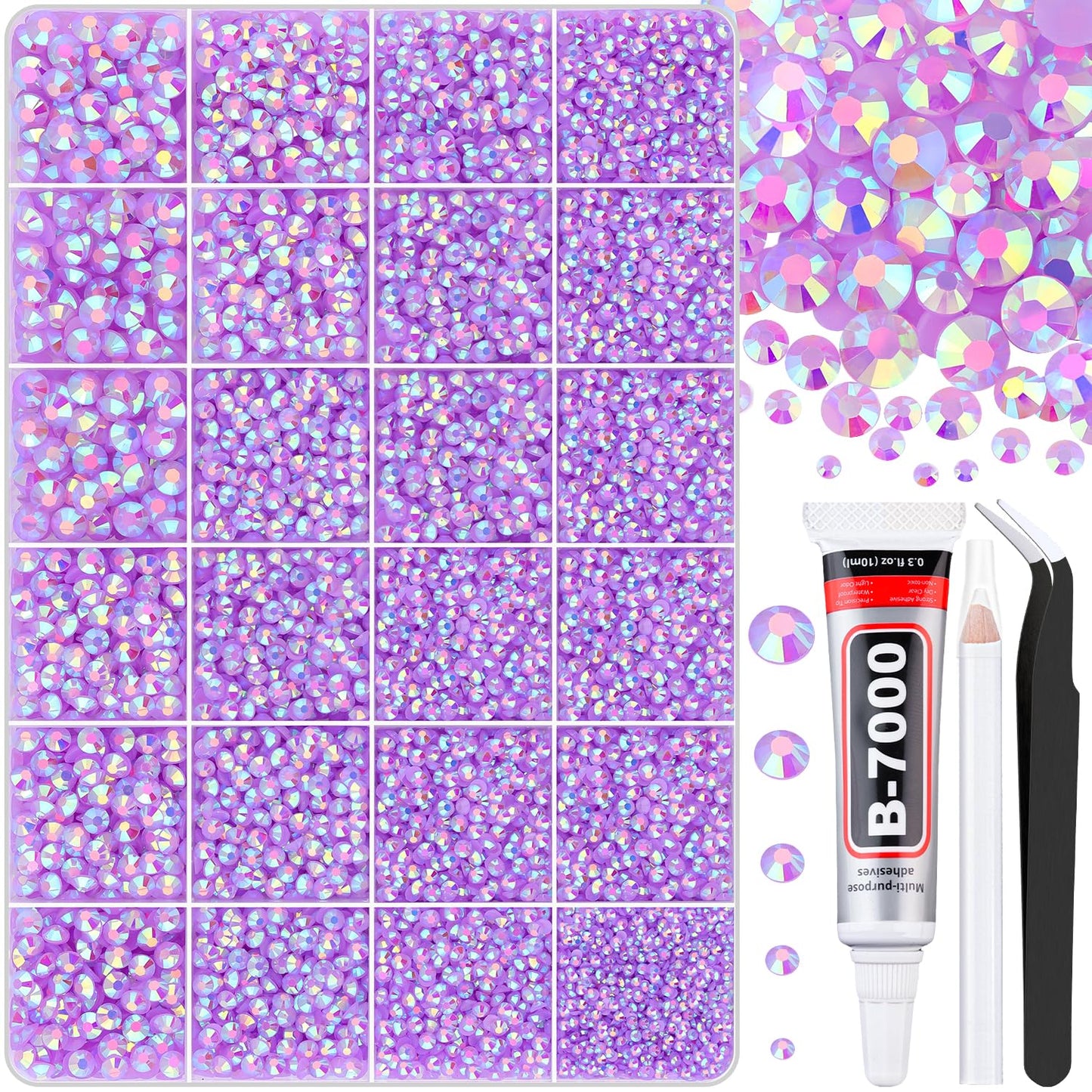 30000Pcs Lavender Purple AB Rhinestones for Bedazzling with B7000 Jewelry Glue, Bedazzler Kit Flatback Gems, Resin Rhinestones for Crafting Crafts Clothing Shoes Nail Art Assorted Size 2/3/4/5/6mm