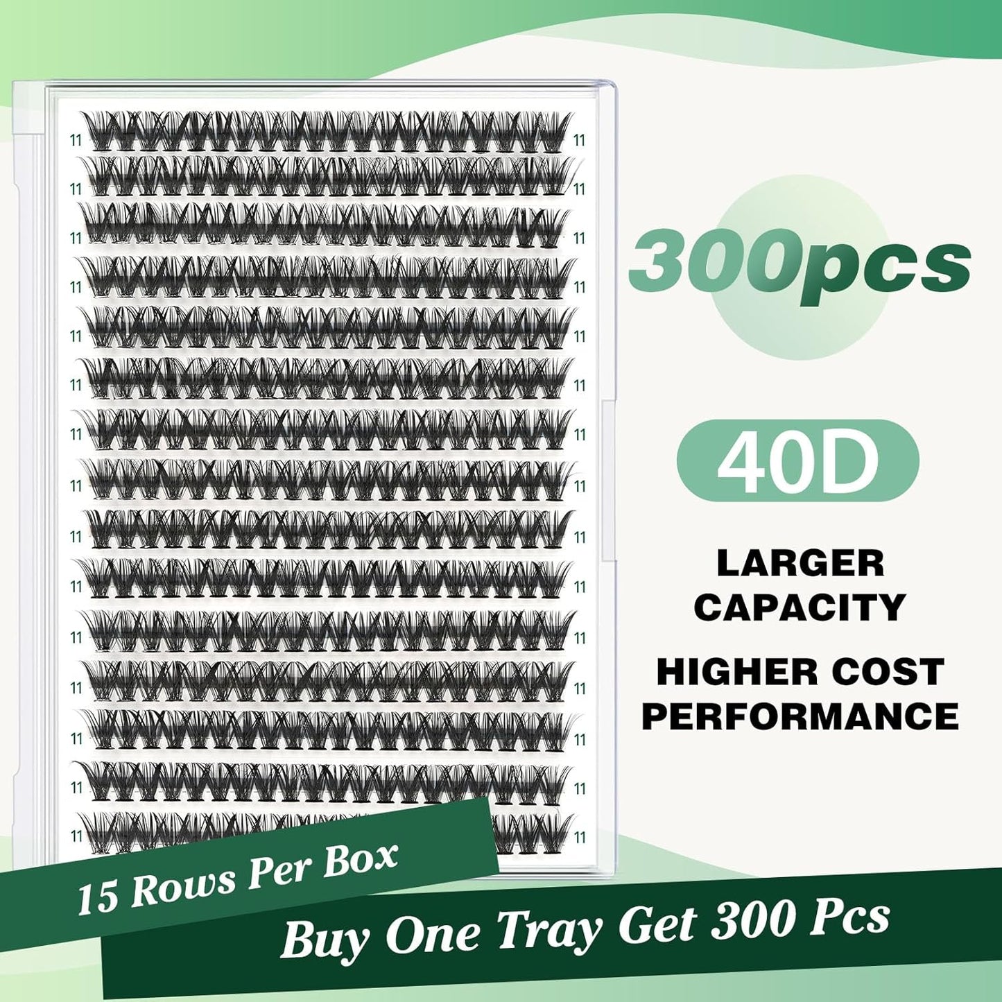 Lash Clusters 300pcs Individual Lashes 40D 0.07C Curl 11mm DIY Eyelash Extension KEYYOU Large Tray Volume Soft&Natural Cluster Lashes(40D-0.07C,11）
