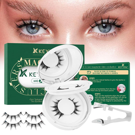 KEYYOU Reusable Magnetic Eyelashes 2 Pair with Applicator No Glue Needed 3D Natural Magnetic Lashes, Easy to Apply & Long Lasting for Daily Use & Events(A02+A02)