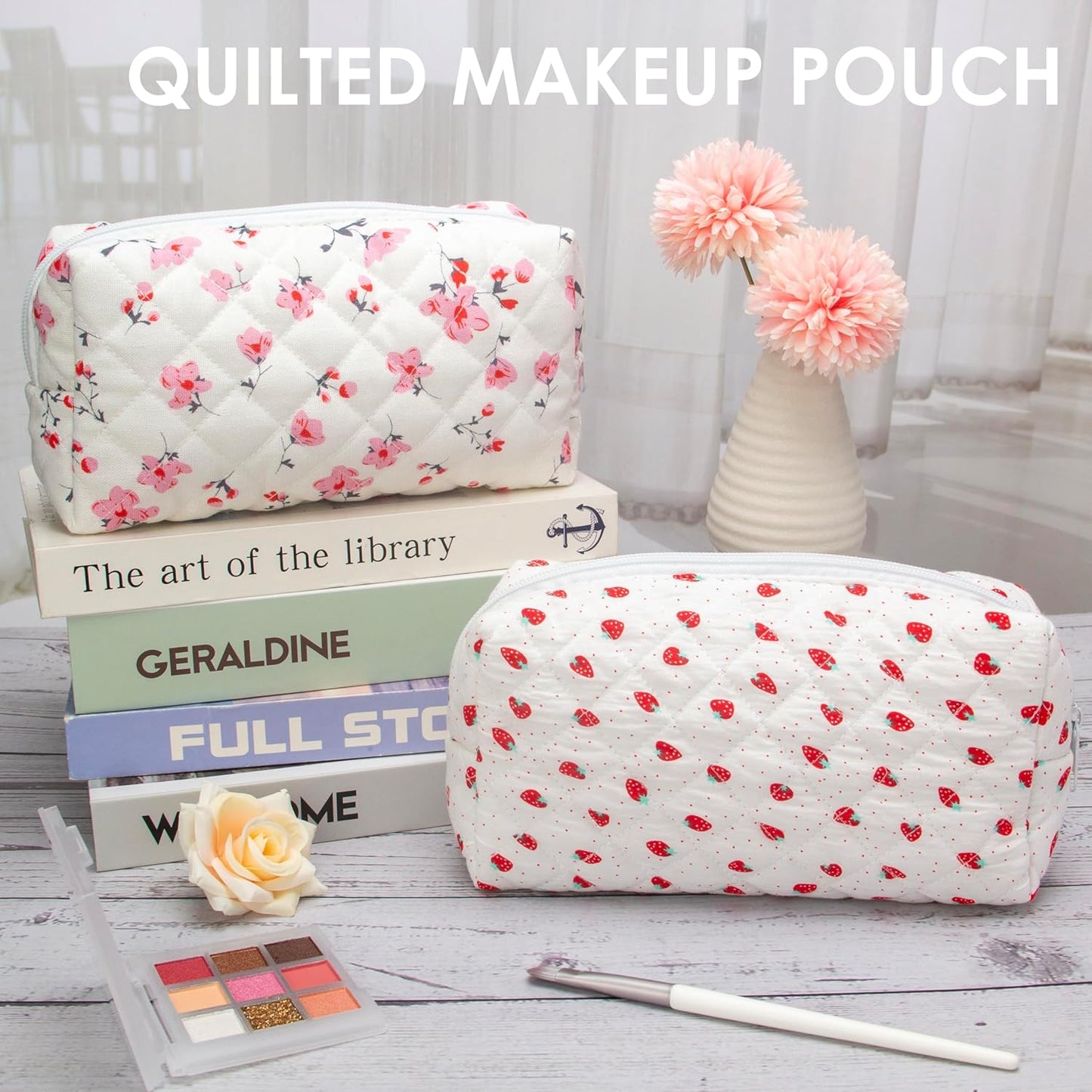 PAZIMIIK Vintage Quilted Makeup Bag Cosmetic Pouch for Brushes Pencils and Travel Make Up Accessories for Women and Girls Strawberry