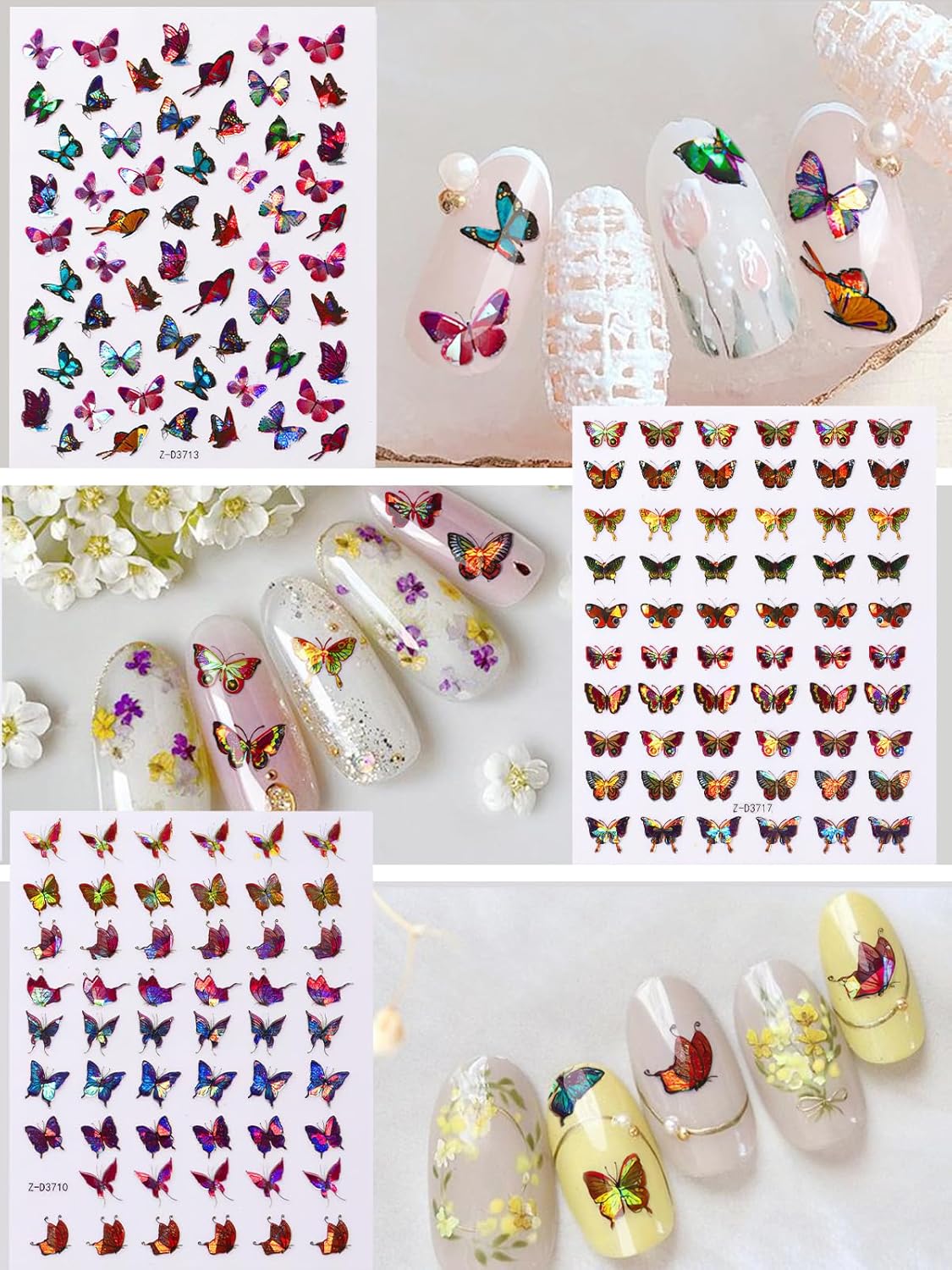 TOROKOM 12 Sheets Butterfly Nail Art Stickers, 3D Self-Adhesive Nail Decals with Colorful Laser Butterflies Designs for DIY Manicure Decor