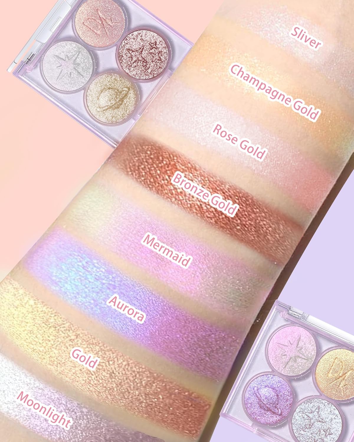 Holographic Multichrome Gold Glitter Eyeshadow&Highlighter Palette, Sparkling Color Shift Metallic Shimmer Face Eye Shadow Palette,Highly Pigmented Creamy Mini Facial Illuminator Fairy Makeup-01
