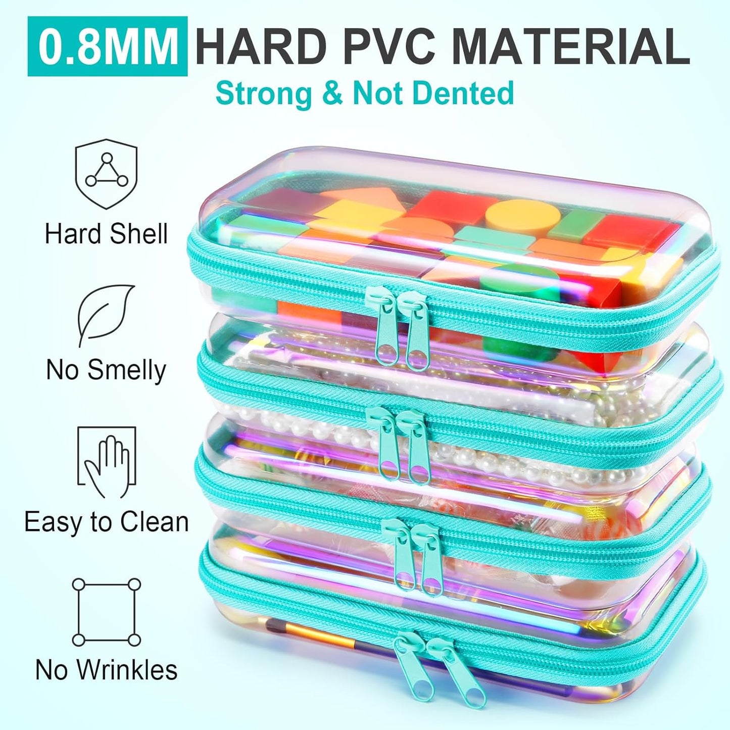 Hoolerry 4 Pcs Hard Clear Zipper Case Makeup Bags Plastic Pencil Pouch Transparent Storage Box Containers for Cosmetics, Snacks, Building Blocks, Puzzles(Blue Laser,7.5 x 3.9 x 2 in)