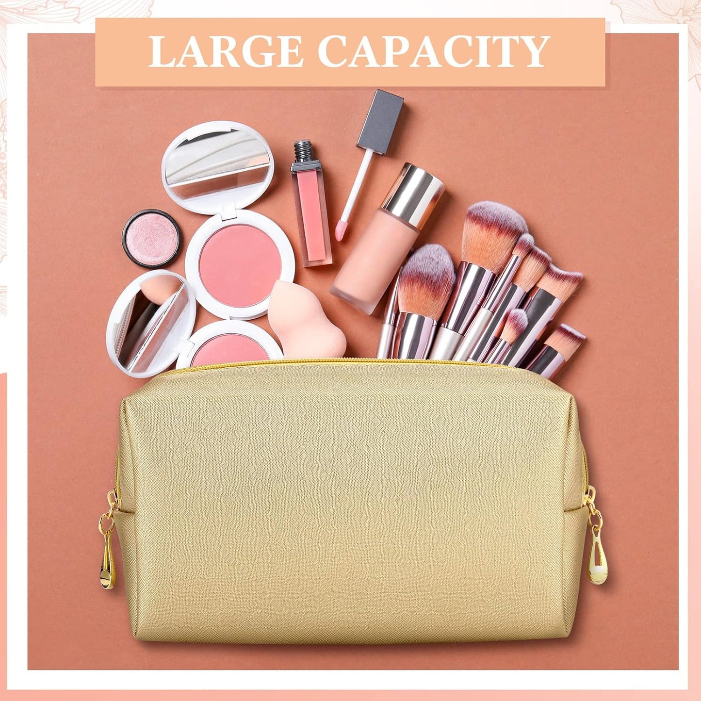 Kigeli 15 Pcs Aesthetic Makeup Bags PU Leather Cosmetic Pouches Waterproof Plain Toiletry Bags Makeup Pouches Bulk for Women Party Gift Travel Storage Organizer(Champaign Gold)