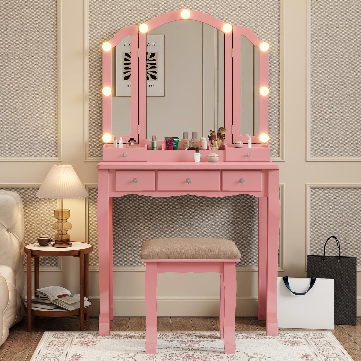 Vanity with Lights Girls Vanity Desk Set with Drawers Makeup Vanity Desk with Mirror and Lights Make Up Pink Makeup Vanity for Girls Table with Stool